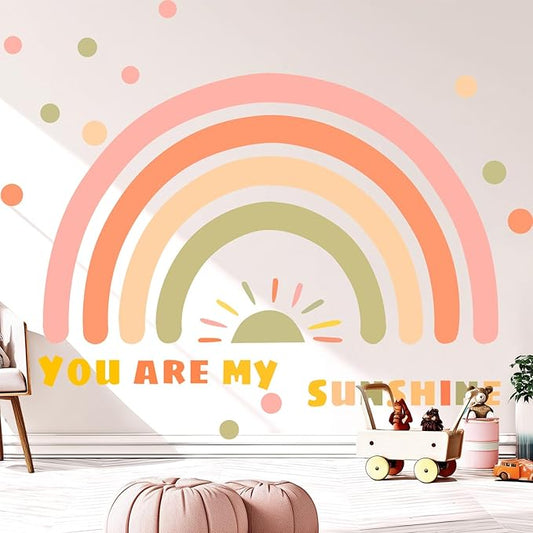 Large Rainbow Wall Decals, Sun Dots Peel and Stick Fabric Nursery Wall Decor, Removable Home Room Wall Decor Murals Stickers for Kids Girls Toddler Bedroom Living Room Playroom