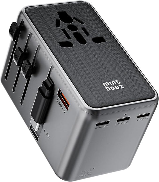 Minthouz Universal Travel Adapter, International 35W Power Adapter GaN Fast Charger with 3 USB-C PD & Cable & 1 USB-A Ports, All-in-One Portable AC Power Plug Adapter for USA EU UK AUS and More