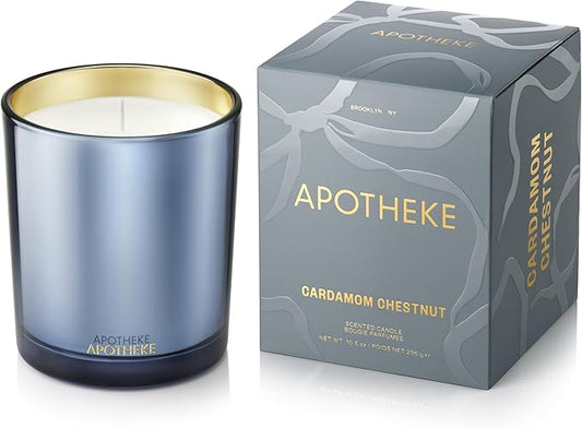 Apotheke Signature Scented Candles for Home, Cardamom Chestnut - 10.5 oz - Soy Wax, Non Toxic, Large Jar Blue - Luxury Candle Gifts for Women & Men - Vanilla & Woods
