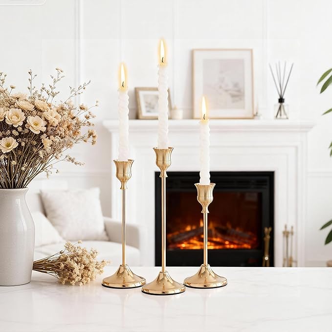 Taper Candle Holders, Tall Vintage Metal Candlestick Holders, 6 PCS Brass Gold Candle Sticks Holders for Home Decor Table Centerpiece Wedding Housewarming Festival, Rose Gold, 2 Sets (6 pcs)