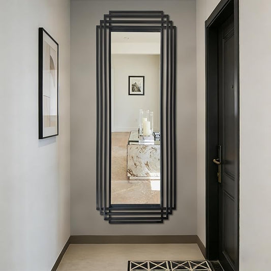 Large Geometric Wall Mirror, 67"x26" Rectangle Full Body Mirror with Metal Frame, Modern Elegant Art Deco Mirrors for Living Room Bedroom Entryway Hallway, Horizontal or Vertical Hanging