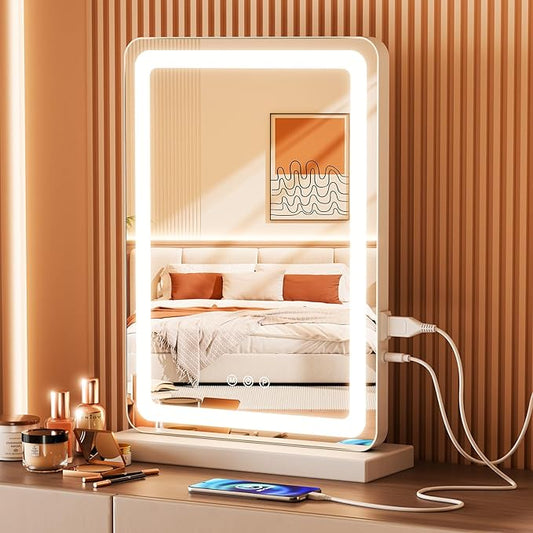 DUMOS 17"x13" LED Vanity Mirror with Lights, Dimmable 3 Color Modes Makeup Mirror with Memory Function, USB Charging, Aluminum Frame, Lighted Mirror for Desk or Bedroom