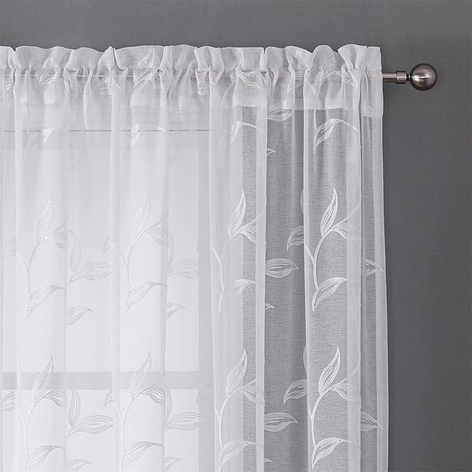 VISIONTEX White Sheer Curtains 120 Inches Long 2 Panels Set Embroidered Floral Leaf Pattern Rod Pocket Semi Sheer Voile Window Curtains/Drapes for Bedroom Living Room 54 x 120 Inches