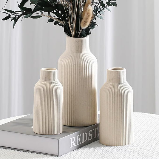 Bohemian Beige Ceramic Vase - for Pampas Grass, Mantel, Bookshelf, Entryway and Living Room Decor (Beige, Set of 3)