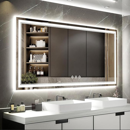 LED Bathroom Mirror with Lights, 72x36 Inch Gradient Front and Backlight LED Mirror, 3 Colors Dimmable CRI>90 Double Light, IP54 Enhanced Anti-Fog, Hanging Plates Wall Mount Bathroom Mirror