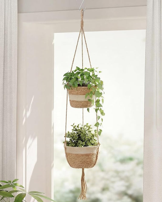 Leaf&lull Macrame Plant Hanger 2-Tier Window Plant Shelf for Indoor Outdoor Plants Rattan Wall Hanging Decorative Hanging Planters for Boho Decor, Wall Decor and Home Decor