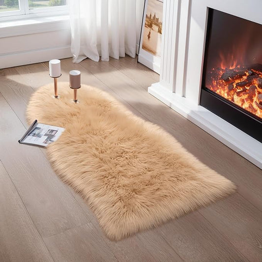 Ciicool Ultra Soft Faux Sheepskin Fur Rug Fluffy Chair Rug for Sofa Couch Seat Cushion.Shaggy Furry Small 2x4 Beige Bedroom Fuzzy Carpet for Living Room Kid's Room Nursery Decor
