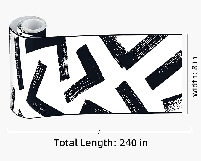 FLFK Black and White Design Wallpaper Border - Peel and Stick Wall Paper, Self Adhesive Removable PVC Borders Sticker, Modern Waterproof Trim for Home Decor, 8" x 240"