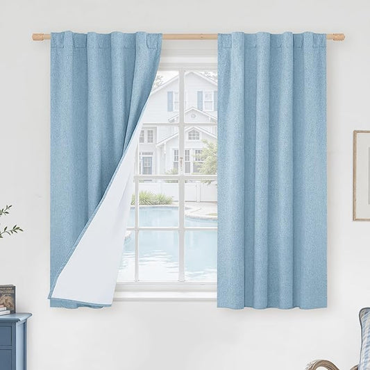 LAMIT Linen Full Blackout Window Curtains for Bedroom, 54 Inches Thermal Farmhouse Curtains Back Tab and Rod Pocket Privacy Protected Burlap Panels with White Liner, 2 Panels, 38 x 54 Inch, Stone Blue