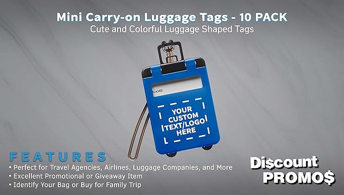 10 Mini Carry-on Luggage Tags Pack - Customizable Text, Logo - Flip Open Cover, ID Sticker - Blue