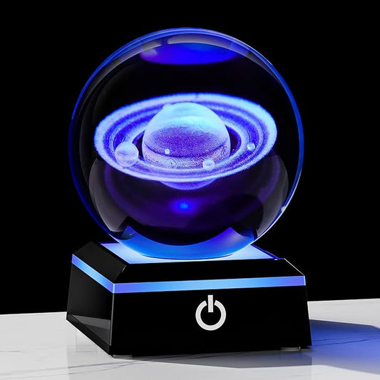 Qianwei 3D Saturn Crystal Ball Night Light Laser Engraved Glass Planet Sphere Gifts Crystal Solar System Saturn Model Decor Space Astronomy Gift for Kids