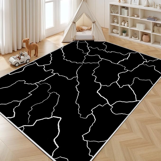 Abstract Rugs for Living Room - Modern Washable Area Rug, 5x7 Abstract Black and White Rug, Minimalist Rugs,Carpet Non Slip Home Decor
