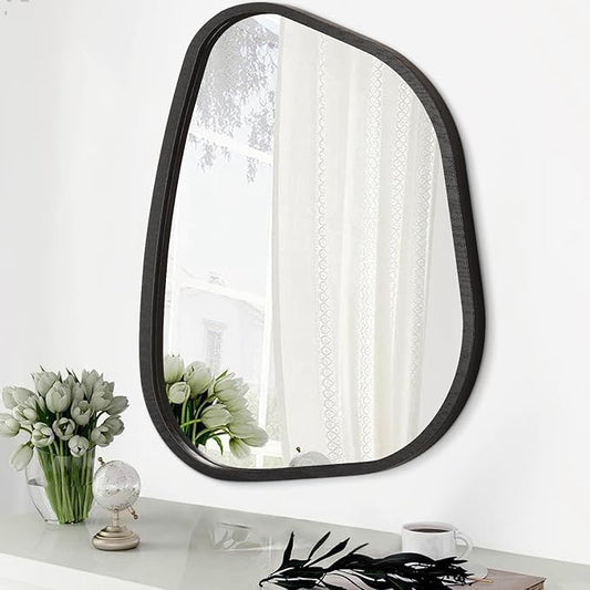 Irregular Wall Mirror Asymmetrical White Mirror Modern Wood Frame Unique Shape Wall Mounted Vanity Artistic Mirror Decor for Living Room Bedroom Bathroom Entryway Hallway 20"x16"
