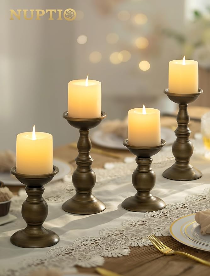 Bronze 2 Pcs Iron Pillar Candle Holders, Most Ideal for 3" Pillar Candles, Gifts for Wedding, Party, Home, Spa, Reiki, Votive Candle (S + L)