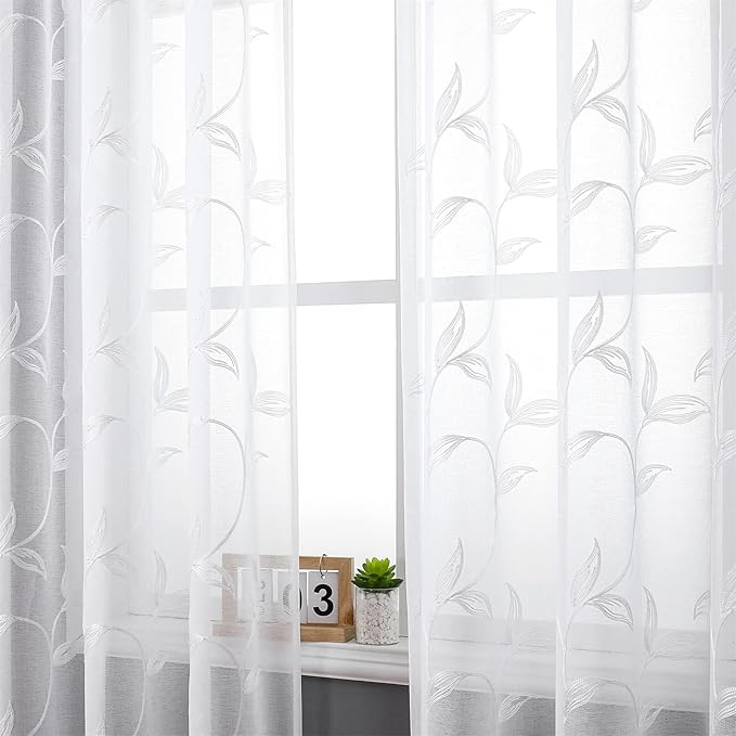 VISIONTEX White Sheer Curtains 95 Inches Long 2 Panels Set Embroidered Floral Leaf Pattern Rod Pocket Semi Sheer Voile Window Curtains/Drapes for Bedroom Living Room 54 x 95 Inches