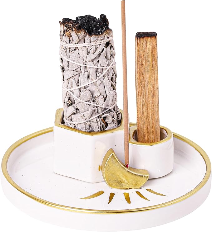 Ceramic Incense Holder Burner, Sage Holder for Burning, Palo Santo Sticks Holder, 5.51" Ash Catch Tray, Smudge Dish for Meditation Yoga, Modern Home Decor Gift