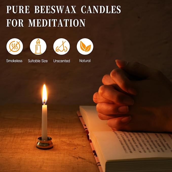 40Pcs 30 Minute Meditation Candles, White Mini Beeswax Taper Candles with Brass Candle Holders, Dripless Prayer Candles Gift for Yoga Relaxation (40, White)