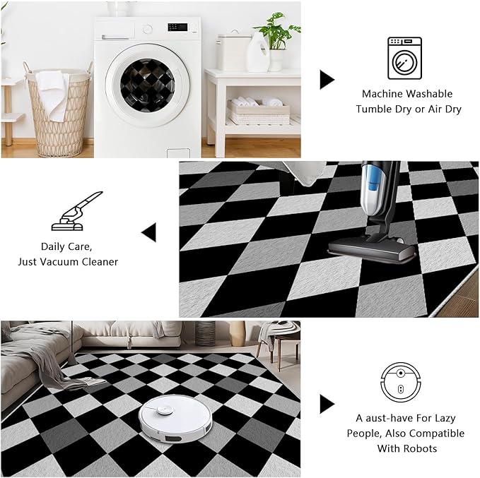 Black and White Rug 3x4, Rhombus Geometric Soft Ultra Soft Faux Wool Low Pile Rug, Indoor Floor Mats Carpet, Non-Slip Stain Resistant Washable Rugs, Modern Abstract Checkered Rugs for Living Room