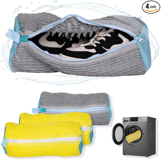 Shoe Washing Machine Bag, 4 Pcs Laundry Shoe Bags for Washer and Dryer with Chenille Liner, Large Reusable Mesh Bag for Sneakers, Gym, Tennis, Sports, Delicate, 2 Color Mix(Yellow+Gray)