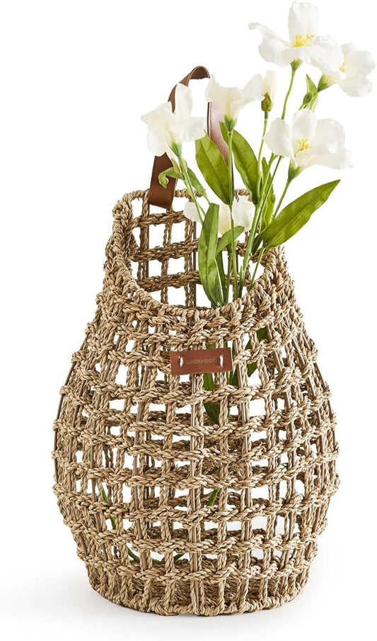 Woven Front Door Basket Water Hyacinth Wall Hanging Basket Decorative Boho Mounted Organizer for Dried Flower Plants Storage Basket for Garden, Home, and Farmhouse Décor (B_Seagrass)
