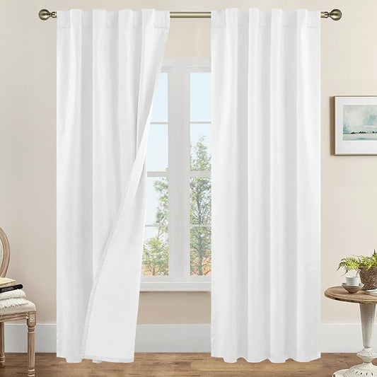 LAMIT White 100% Blackout Linen Curtains 84 Inches Long, Linen Textured Living Room Bedroom Curtains Full Room Darkening Back Tab and Rod Pocket Panels with White Liner, 2 Panels, 38 x 84 Inch