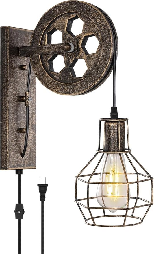 Plug in Wall Sconce Rustic Wall Light Lift Pulley Matte Iron Cage Shade Industrial Mid Century Wall Lamp Indoor Lighting Barn Restaurant (Bronze Color)