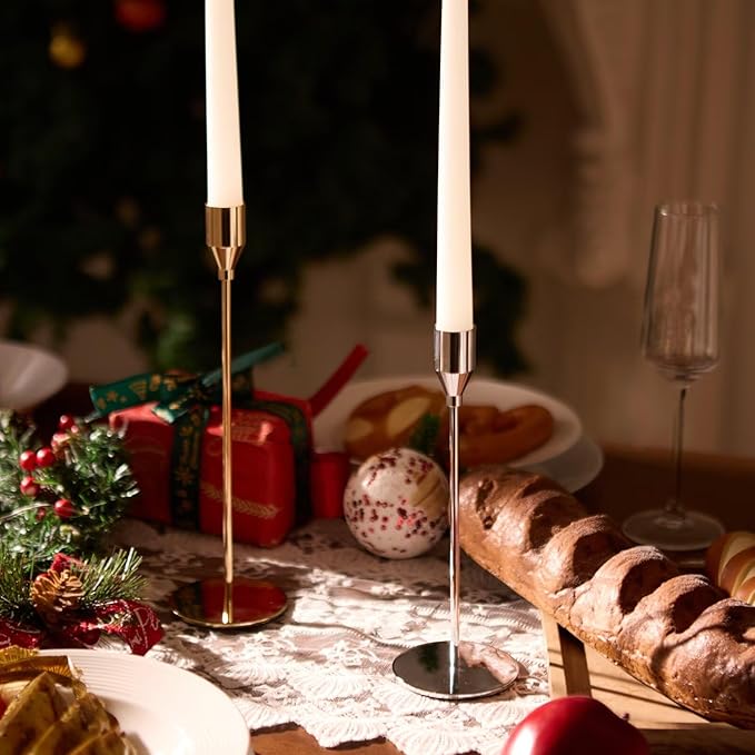 Solid Taper Candle Holders Set of 6, Champagne Gold Long Skinny Candlestick (Heights: 9/11/13 Inch), Heavy Iron Anti-Slip Base for Fireplace Mantle Table Centerpiece Christmas Decor