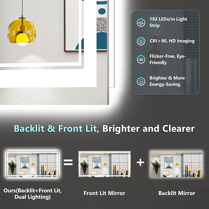 84x32 Inch LED Bathroom Mirror with Lights, Backlit & Front Lit, Anti-Fog Lighted Vanity Mirrors for Bathroom Wall, Dimmable, 3-Color Light, Memory, Shatter-Proof, Tempered Glass, ETL Listed