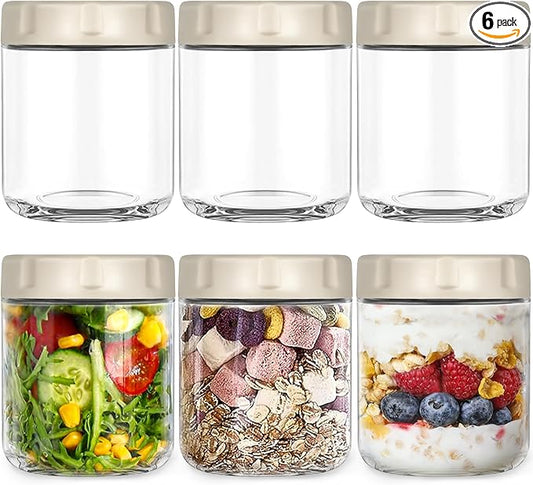 6 Pack Glass Overnight Oats Jars with Airtight Lid, 16OZ Wide Mouth Mason Jars, Leak Proof Glass Food Storage Containers for Yogurt, Oats, Chia Pudding, Snacks, Spice, Sugar