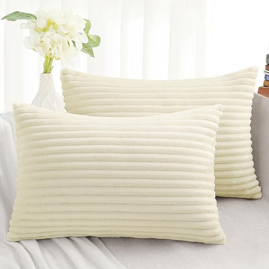 Simmore Decorative Spring Throw Pillow Covers 12x20 Set of 2, Soft Natural Plush Flannel Double-Sided Fluffy Lumbar Pillow Covers for Couch Sofa Living Room, Beige