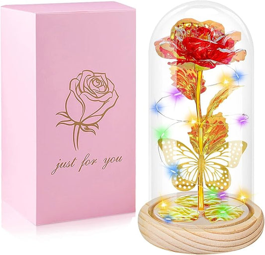 QUNPON Valentines Roses Gifts for Her Women,Valentines Birthday Gifts for Women,Valentine's Day Flowers Gifts for Mom Girlfriend Wife,Red Rose in A Glass Dome Gifts for Valentine Day