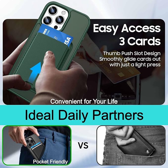 Ntwinro Magnetic for iPhone 16 Pro Case (Compatible with MagSafe) with Detachable Wallet & Card Holder for 3 Cards [RFID Blocking] Military Grade Protective Slim Phone Cover, Green