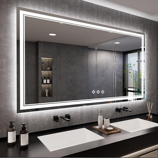 Bathroom Mirror, 72x40 Inch Gradient Front and Backlit Big LED Mirror, 3 Colors Dimmable CRI>90 Double Lights, IP54 Enhanced Anti-Fog, Hanging Plates Wall Mount Lighted Bathroom Mirror