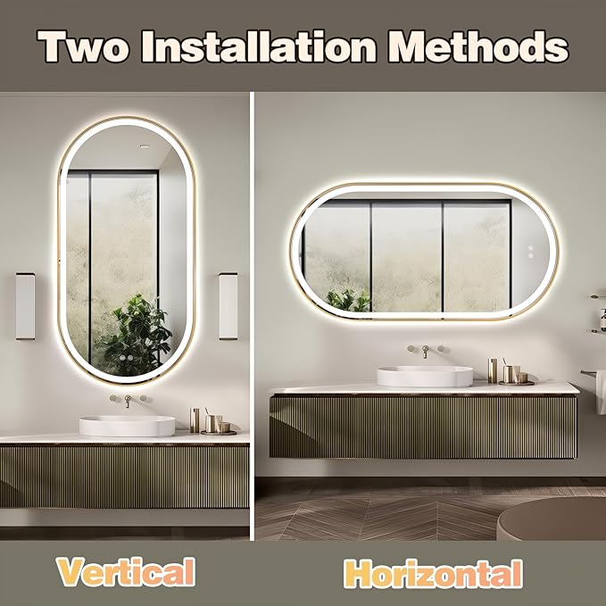 Niccy Oval LED Mirror for Bathroom, 55x28 Front Lit + Backlit Vanity Mirrors with Light Anti-Fog, Shatter-Proof, 3 Colors, Makeup Mirror with Old Gold Frame (Horizontal/Vertical)