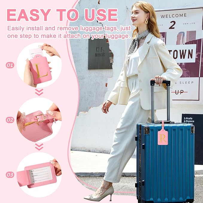 Personalized Initial Luggage Tags for Suitcase, Pink Leather Cute Luggage Tags with Privacy Cover Name Card, Embroidered Custom Monogrammed Luggage Tag Travel Bag Baggage Tags Gifts for Women Kids(R)
