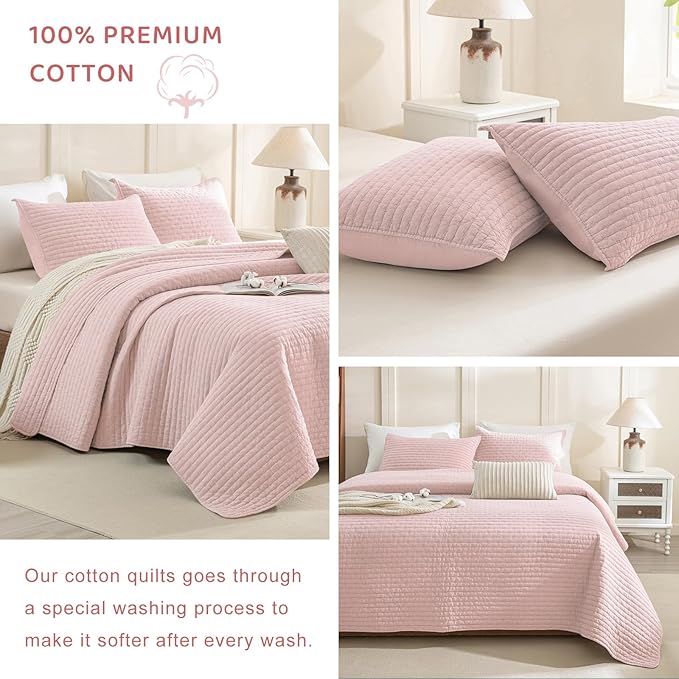 Sanracie Stonewashed Cotton Coverlet Oversized King(128"x120"), Light Pink Ultra Soft Crinkle Extra Large Wide Oversized Quilt Sets Lightweight Cross Stitch Bedspread Set 3Pcs for All Season