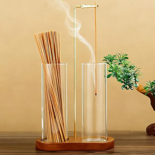 Incense Holder for Sticks 2 in 1 Incense Burner Holder with Storage & Ash Catcher Wooden Base, Glass Vessels, Metal Clip for Meditation, Yoga, Spa, Home & Garden Decor (Two Bases Included)