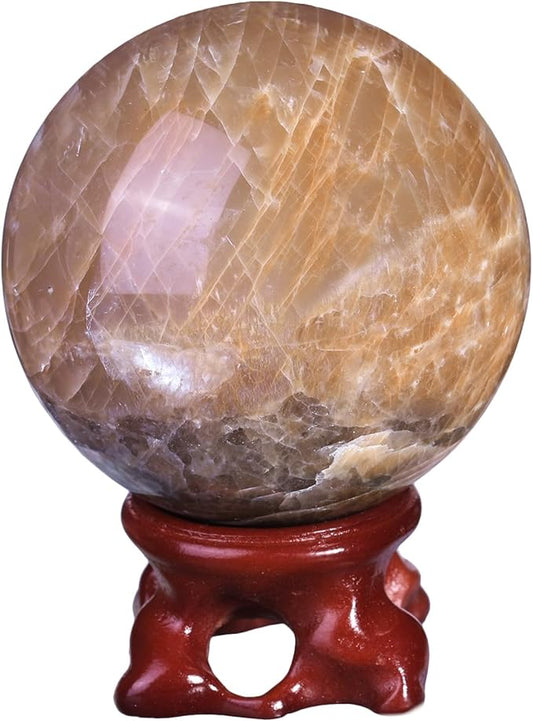 SUNYIK Natural Orange Moonstone Ball Sphere with Resin Stand Polished Crystal Sphere Stone Figurine Decor for Home Office Tabletop, 2.4-2.7”(61-70mm)