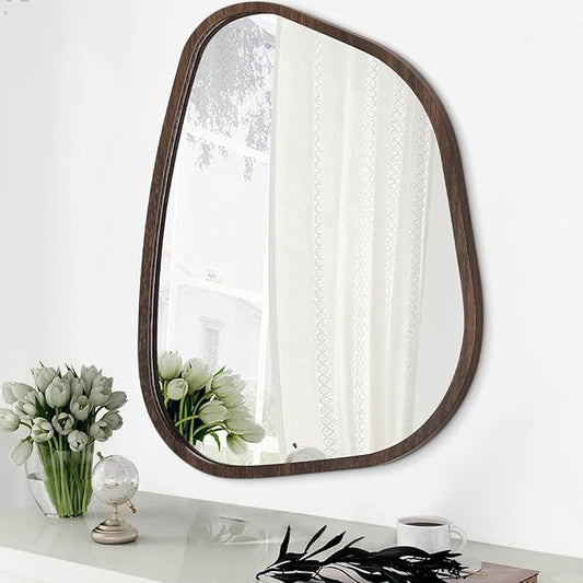 Irregular Asymmetrical Mirror Wall Mounted, Unique Vanity Mirror, Shaped Dressing Mirror Decorative for Living Room, Bathroom, Bedroom, Entryway Wall Decor Brown 20"x16"