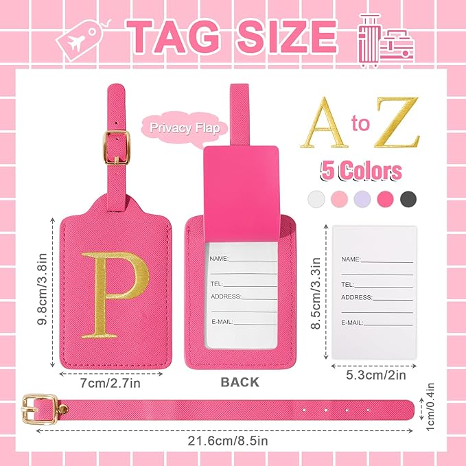 Personalized Rose Red Leather Initial Luggage Tags - Cute Embroidered Custom Monogram Tags for Suitcase, Travel Backpack