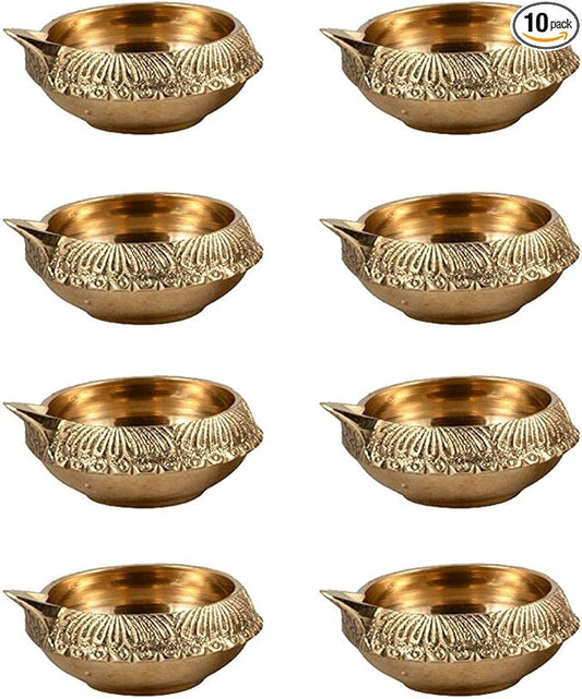 Pure Brass Diya for Puja [10 Pc] - Handmade Diyas for Diwali Indian Brass Oil Lamp for Pooja - Kutthu vilakku nilakku Deepam for Diwali Decoration Hashcart®