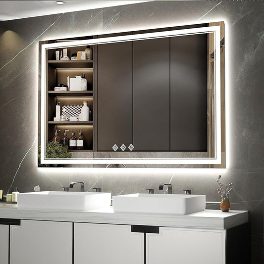 Bathroom Mirror with Lights, 60x40 Inch Gradient Front and Backlit Mirror, 3 Colors Dimmable CRI>90 Double Lights, IP54 Enhanced Anti-Fog, Hanging Plates Wall Mount Lighted Bathroom Mirror