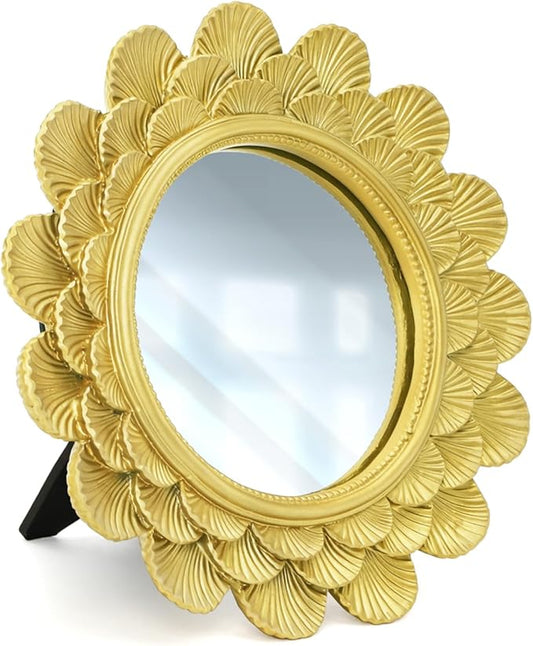 6.5" Vintage Vanity Makeup Desk Mirror, Small Gold Round Mirror for Table, Antique Scallop Edged Wall Mirror Decorative for Living Room Bedroom Dressing Tabletop