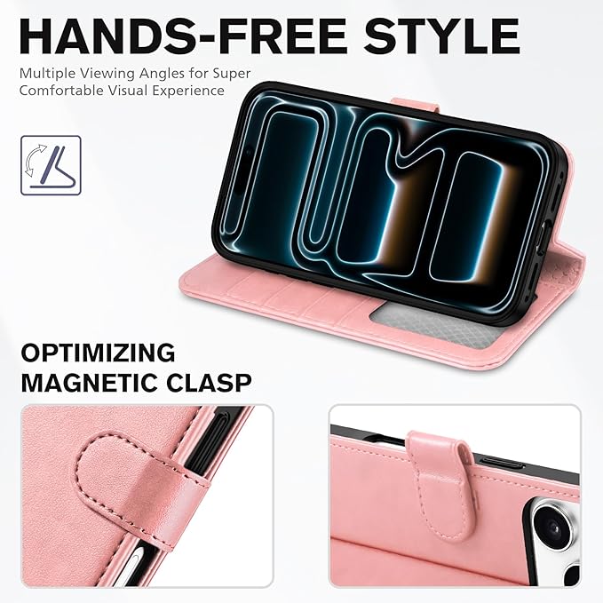 TUCCH Wallet Case for iPhone 17 Pro (6.3") 2025, Wrist Strap | 4 Card Slots | RFID Blocking | Kickstand | Shockproof TPU Shell | PU Leather | Magnetic | Protective Flip Cover | Rose Gold