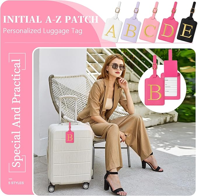 Personalized Initial Luggage Tags - Rose Red Leather Cute Luggage Tags with Privacy Cover Name Card, Embroidered Custom Monogram Travel Backpack Tag Gifts for Women Kids(A)