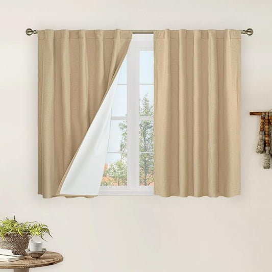 LAMIT 40 Inch Length 100% Blackout Linen Curtains, Linen Textured Thermal Curtains Back Tab and Rod Pocket Neutral Panels with White Liner for Kitchen/Windows/Cafe, 2 Panels, 42 x 40 Inch, Burlap
