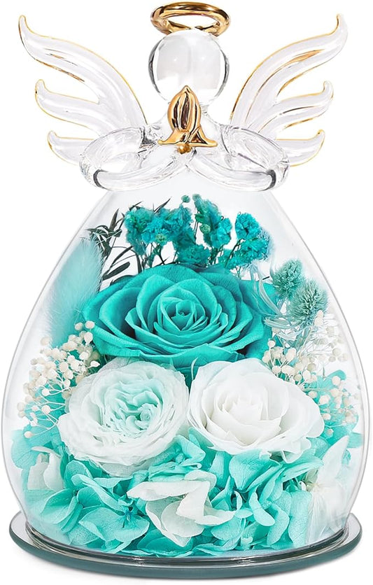 FIACO Gifts for Women Birthday Preserved Rose Forever Flower in Glass Angel Figurines Fresh Flowers for Delivery Prime for Mom Real Roses for Grandma Sister Wife Her from Daughter