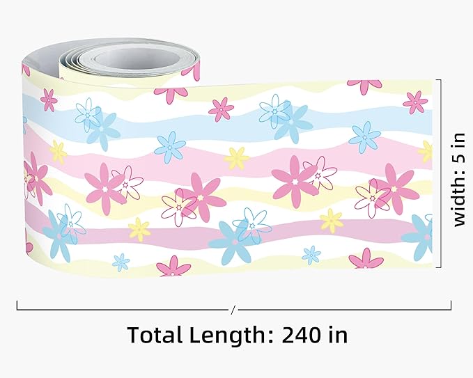 FLFK Wallpaper Border, Rainbow Flowers Peel and Stick Wall Border Self Adhesive Wall Paper Borders for Bedroom Living Room Girl's Room Kitchen Bathroom 5"x240"