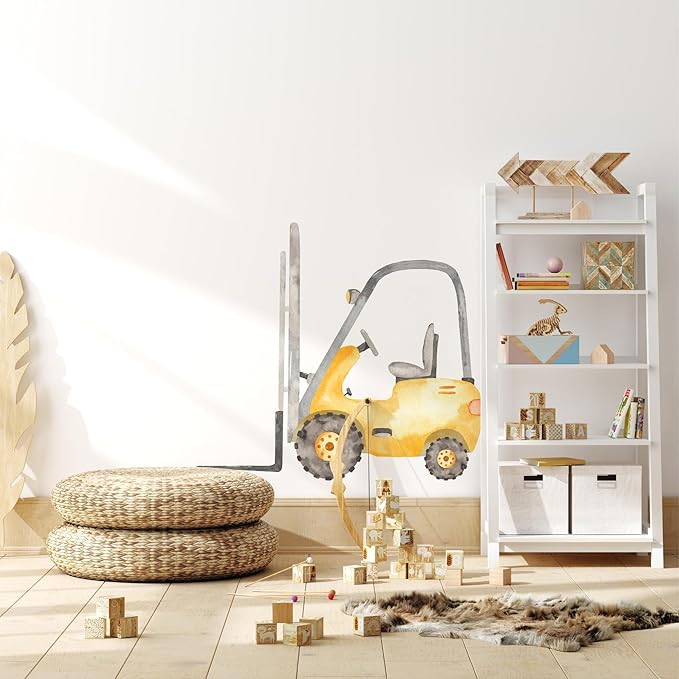Construction Forklift Wall Decal for Boys Room, Lift Truck Construction Eqipment Peel Stick Removable Fabric Wall Sticker, Nursery or Playroom Decor, Repositionable (30 inch: 27" Tall x 30" Wide)