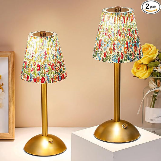 Liliful 2 Pcs Cordless Table Lamp Rechargeable Touch LED Small Gold Portable Battery Operated USB-c Desk Lamp 3 Color Dimmable for Bedroom Living Room Dining (Gold,Floral Style)